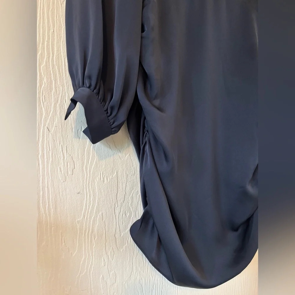 Ramy Brook Foxy Satin Navy Blue Ruched Long Sleeve V Neck Side Zip Mini Dress - Picture 8 of 15